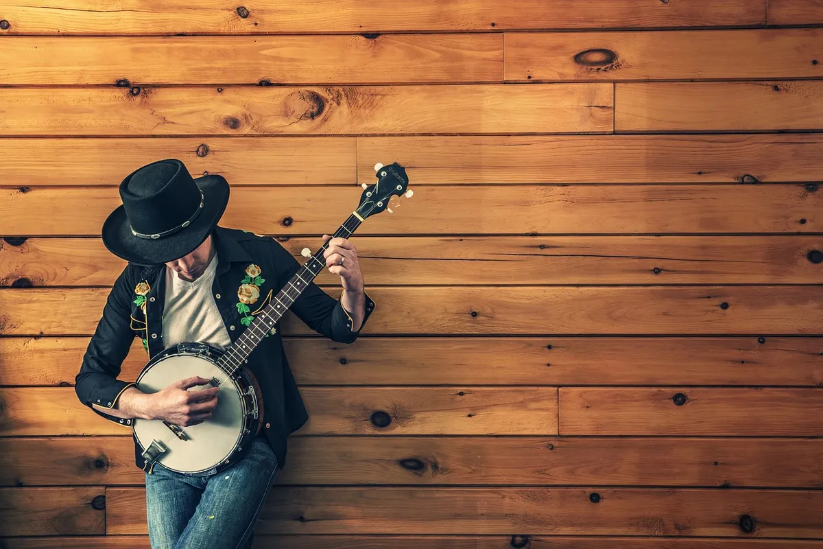 musician, country song, banjo, guitar, cowboy, country music, acoustic guitar, musical instrument, instrument, music, musical, guitarist, jeans, hat, music, mus